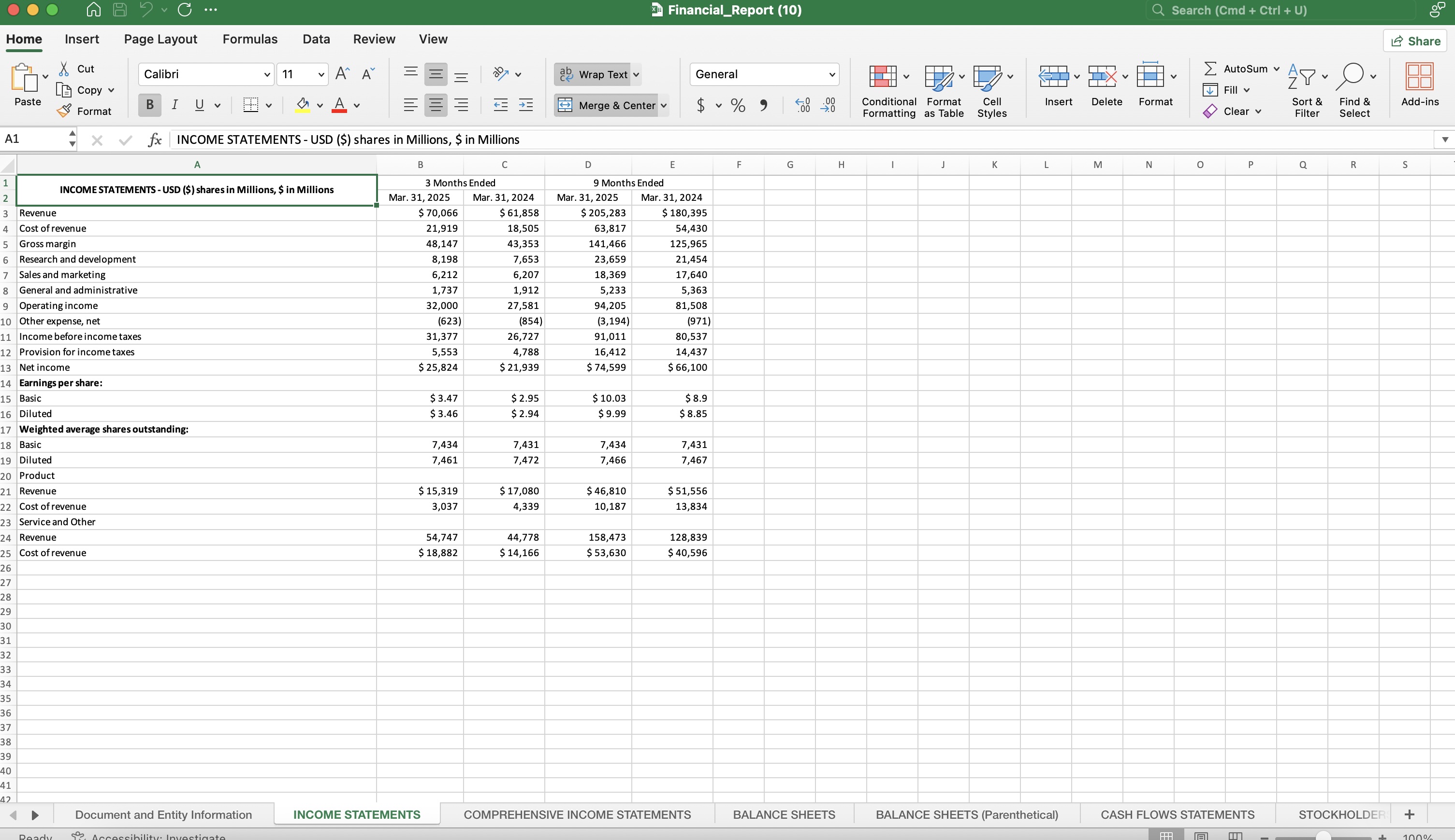 MSFT Financials in Excel format